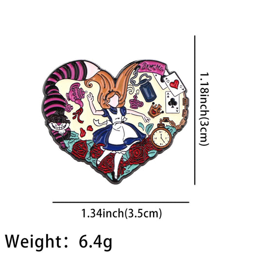 Alice in Wonderland Enamel Pin, Heart-Shaped Fantasy Lapel Pin with Cheshire Cat